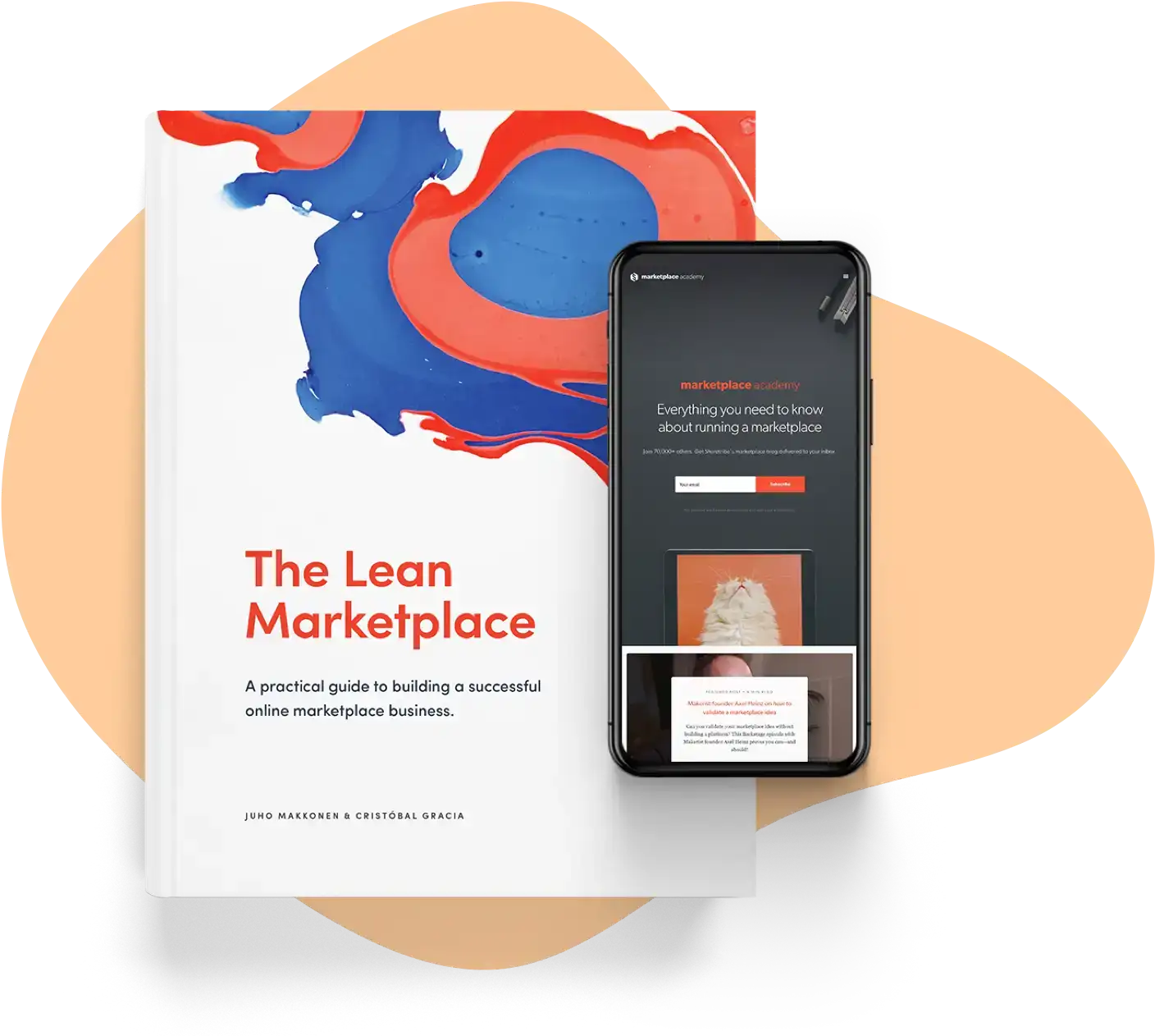 The Lean Marketplace book cover and a smartphone screen showing the Marketplace Academy home page.