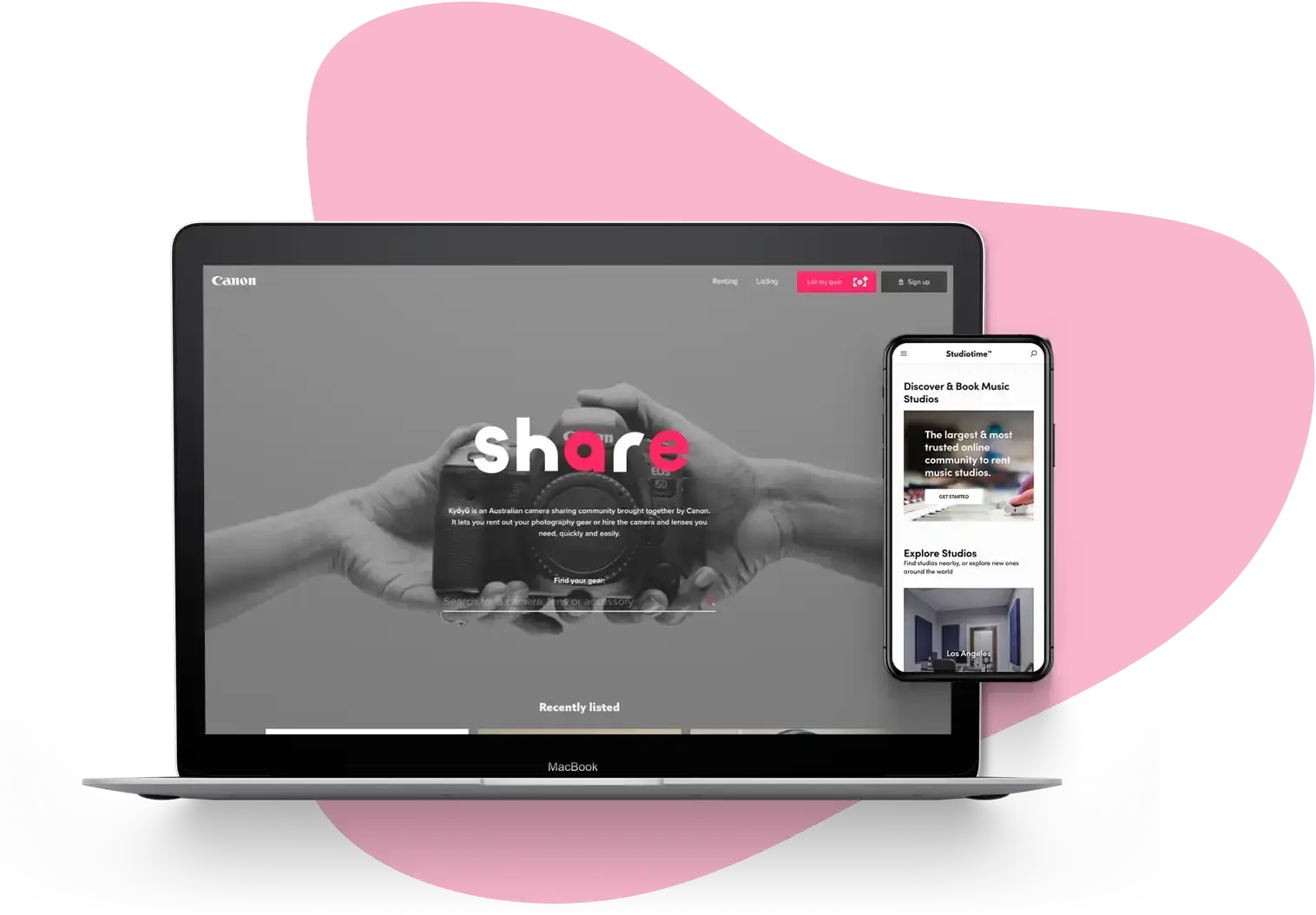 Laptop and smartphone screens showing two Sharetribe Flex landing pages.