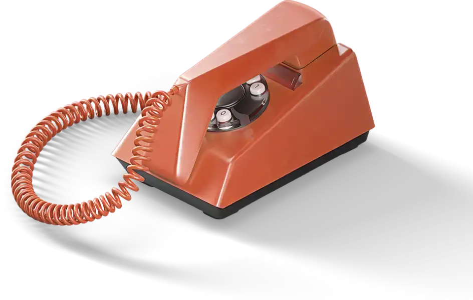 Old-fashioned phone in bright orange color with coil cord and rotary dial.