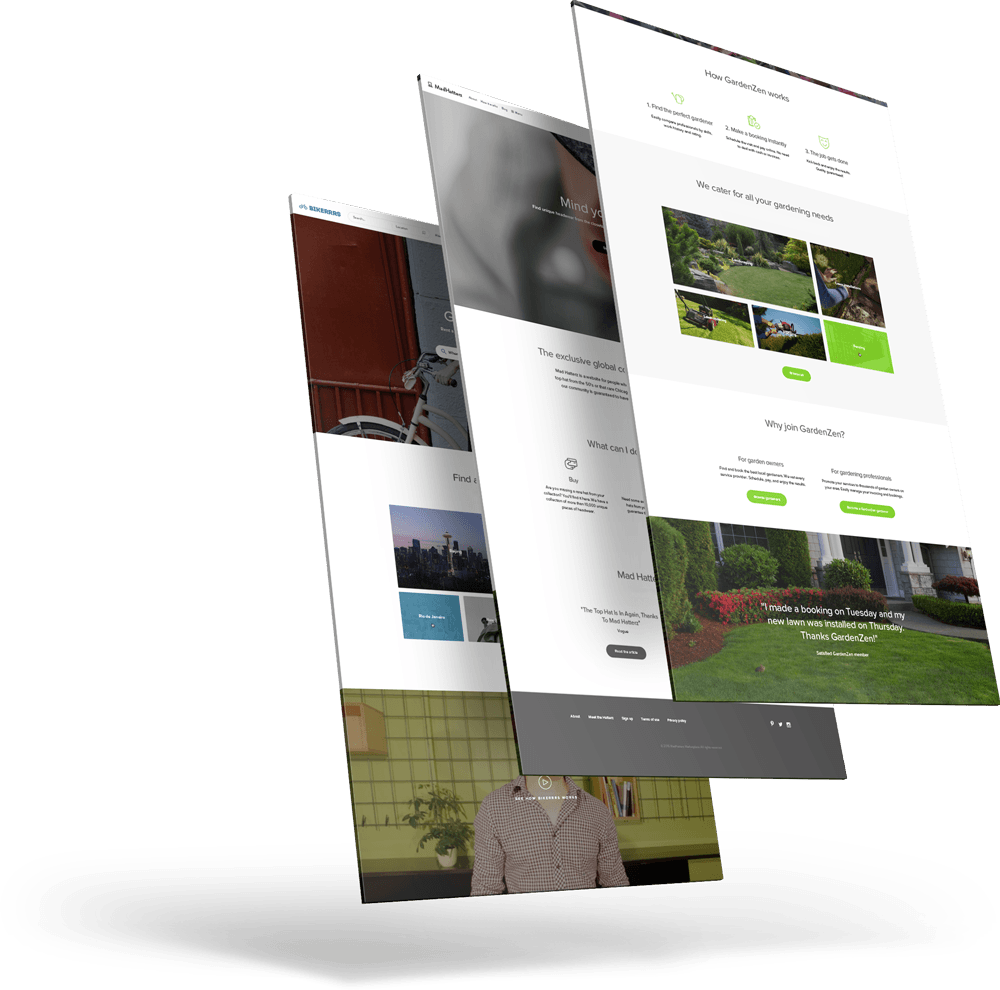 Three Go marketplace custom landing pages in a slanted ascending order from left to right.