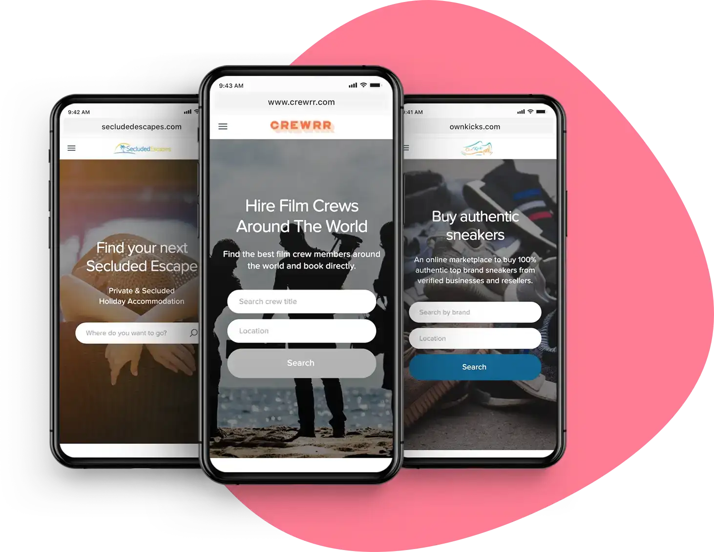 Three smartphone screens showing three different Sharetribe Go marketplace landing pages.