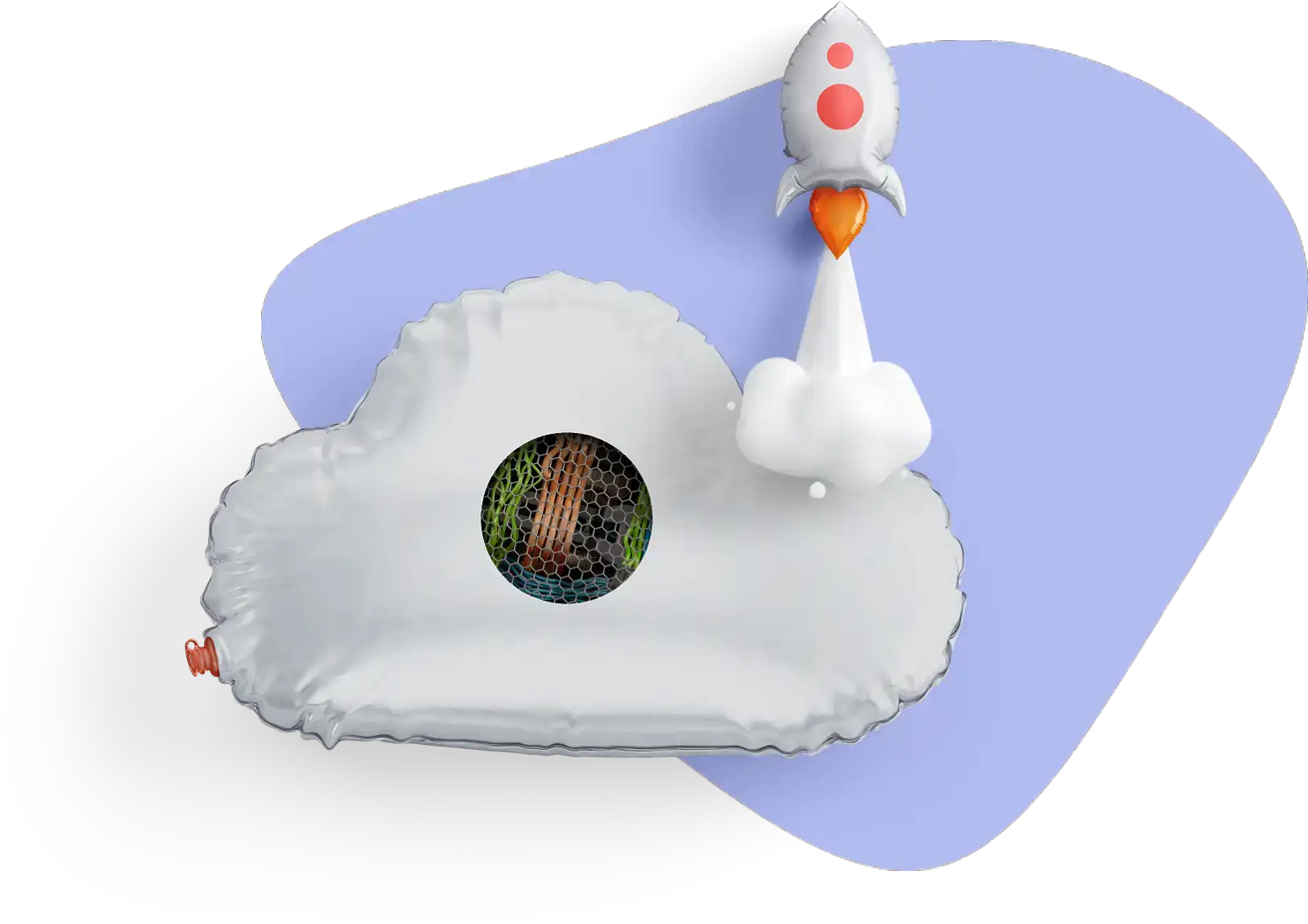 Inflatable toy cloud with a hole showing colorful wires and an inflatable toy rocket ship taking off.